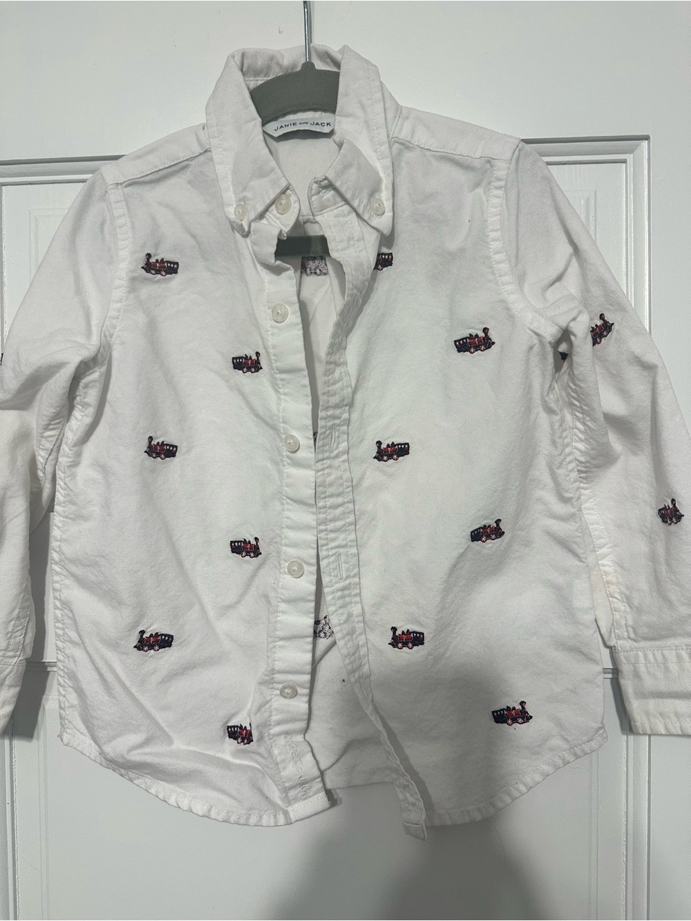 Janie and Jack Button-Down Train Embroidered Cotton Shirt - White - Kids